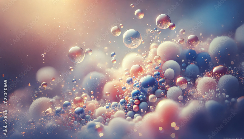 Poster a dreamy abstract representation of floating bubbles in a soft pastel mist, each bubble reflecting a