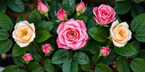 Naklejka premium A beautiful border of roses and leaves creating a delicate frame, symmetry, pink