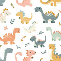 Playful dinosaurs and leaves in soft colors, seamless pattern, white background, concept of whimsical kid-friendly design