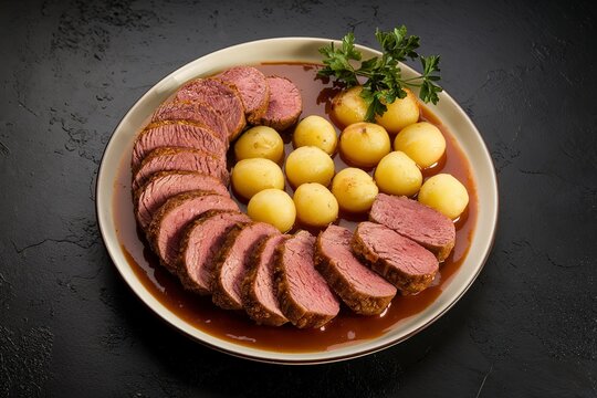 a plate with a fried meat roulet and potato balls in sauce