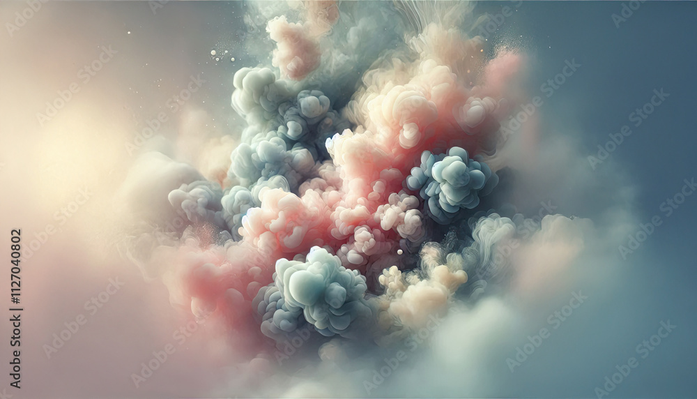 Aufkleber dreamy abstract scene with geometric shapes floating in soft fog and pastel lights.