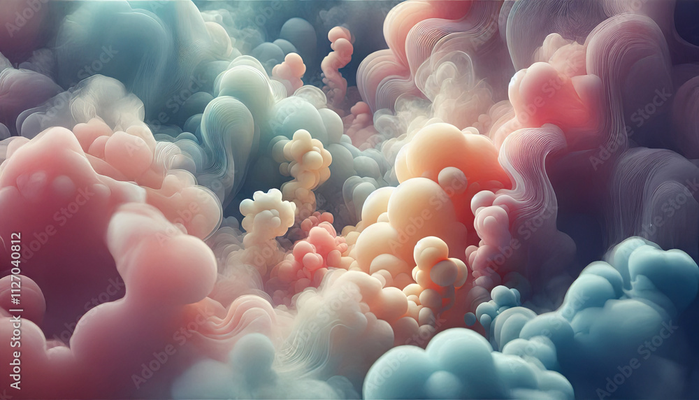 Poster a dreamy abstract scene with geometric shapes floating in a soft fog, illuminated by gentle pastel l