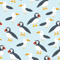 Puffin and Seagull seamless pattern. Cute Cartoon arctic animals background. Vector Illustration.