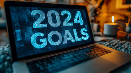 A laptop displays the words 2024 goals amidst a warm and inviting indoor atmosphere featuring soft candlelight and decorative elements
