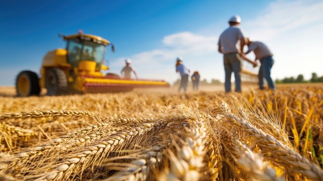Agricultural workers harvesting wheat in sunlit field for autumn harvest ,Farmer's Day