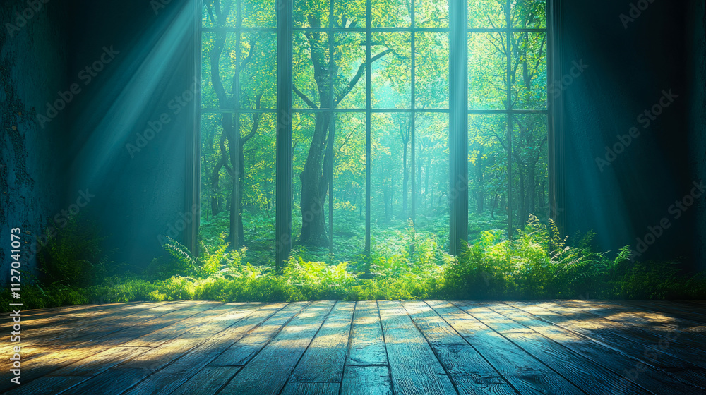 Poster sunlight streams through a spacious window, illuminating a serene forest landscape filled with lush 