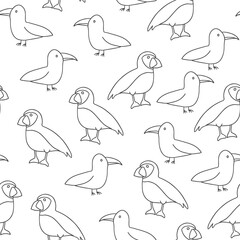 Puffin and Seagull seamless pattern. Cute Cartoon arctic animals background. Vector Illustration.