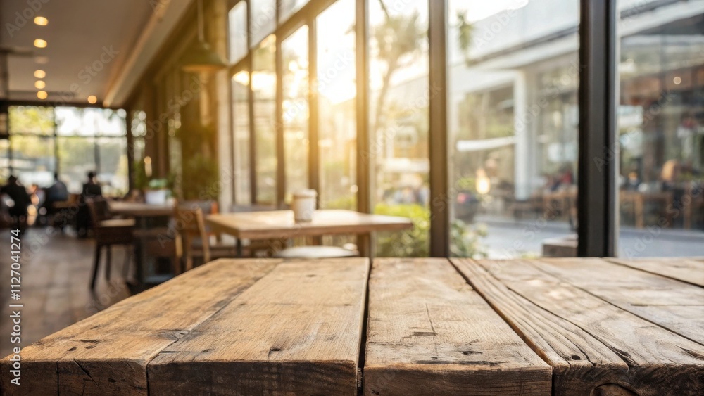 Poster rustic wooden table surface with a blurred background of a modern cafe with large windows, sunlight 