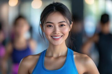 A joyful Japanese girl in sportswear stands at a bustling outdoor event, her bright smile perfect for promoting health, fitness, and active lifestyles.