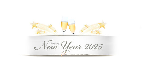 Neujahrskarte 2025 mit Banderole und Sektgläser
