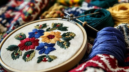 Colorful floral embroidery hoop, yarn, and fabrics.