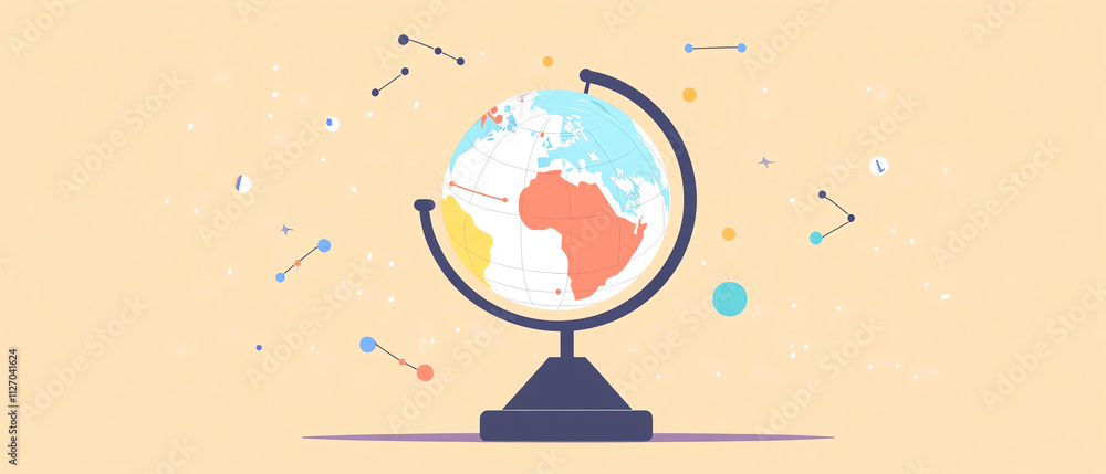 Poster colorful globe displaying continents and geographic features, surrounded by abstract shapes and star
