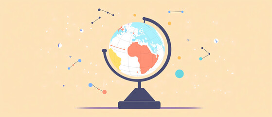 colorful globe displaying continents and geographic features, surrounded by abstract shapes and stars, representing global data and exploration