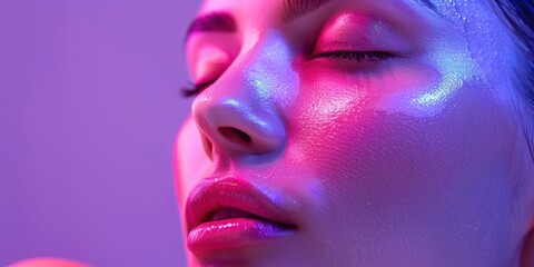 Facial analysis with hologram in a studio setting for anti-aging wellness and skincare. Mockup for dermatology and spa treatment with a joyful individual and scan overlay on a purple backdrop