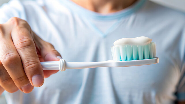 Man holding in hand toothbrush with toothpaste
