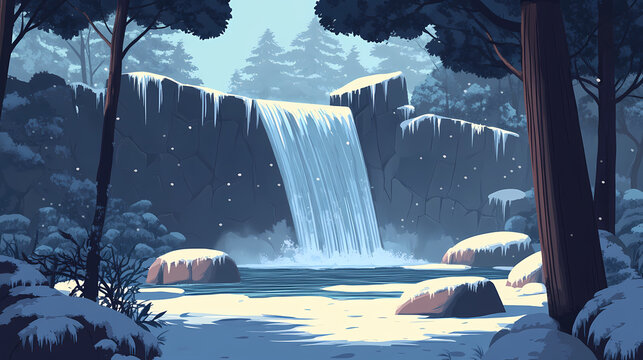 Quiet frost base: solidified waterfall and icy cascade landscape. Cascade. Illustration