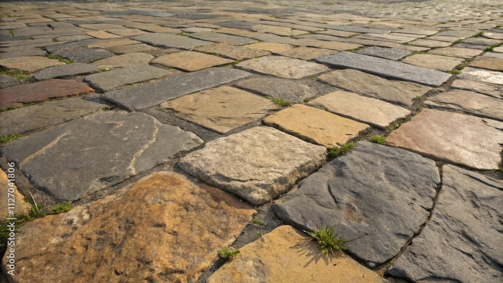 Poster A Close-Up View of a Stone Pavement with Irregular Shapes and Natural Textures, Featuring a Variety of Colors and Greens