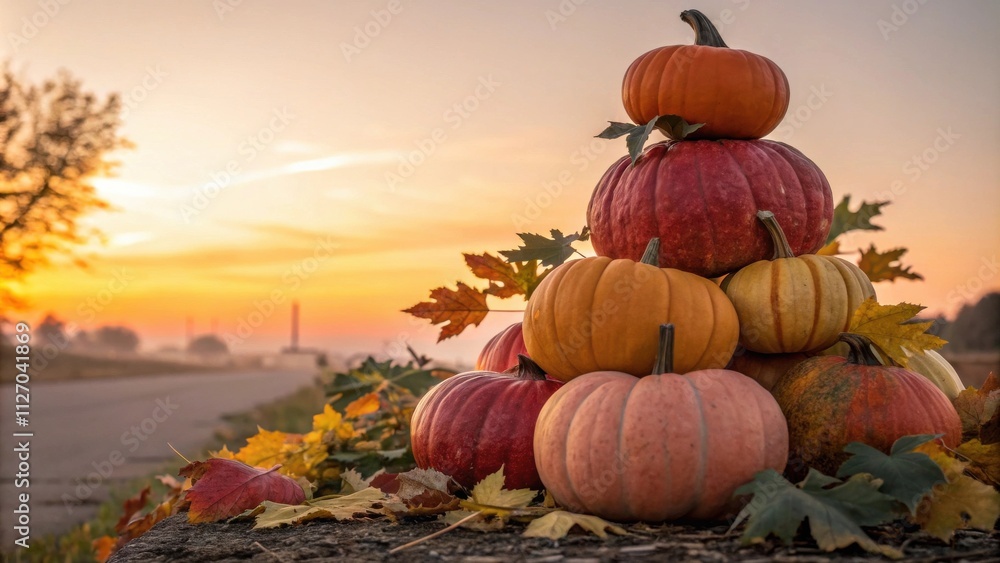 Poster a stack of pumpkins arranged in a pyramid shape against a backdrop of a golden sunrise with fallen l
