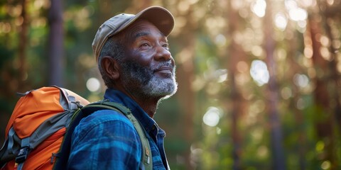 Outdoor adventure featuring an older man hiking in the woods, promoting fitness and well-being with a backpack on a journey through nature