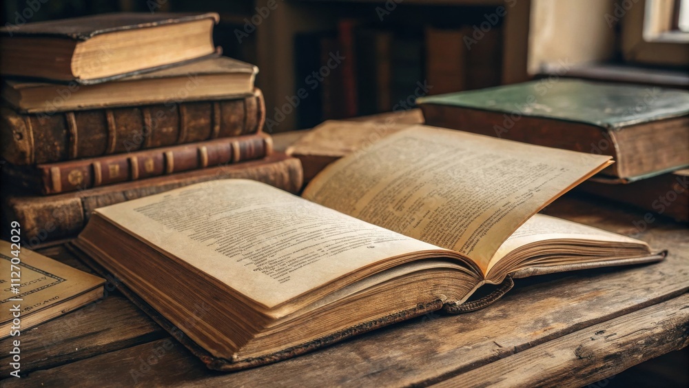 Poster an open antique book rests upon a stack of bound volumes on a weathered wooden surface