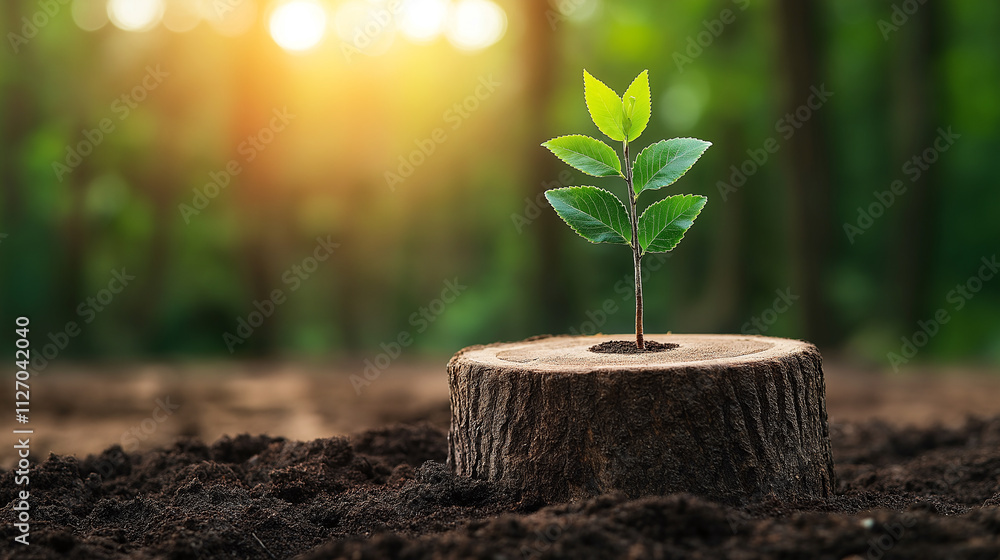 Poster small tree grows on stump, symbolizing resilience and new beginnings in nature. sunlight filters thr