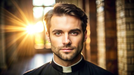 Handsome young catholic preacher in the church in rays of the sun