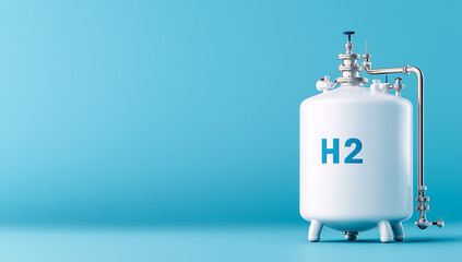 Hydrogen storage tank with H2 label, designed for energy solutions. This modern tank showcases clean, industrial aesthetic against blue background, emphasizing innovation and sustainability