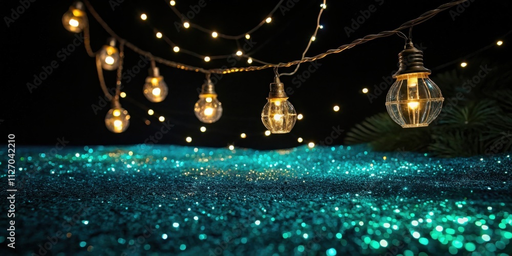 Poster String lights illuminate a shimmering turquoise surface, casting warm glow and creating a magical ambiance.