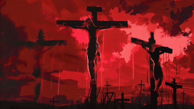 Jesus crucifixion contemporary art piece red dark illustrated.