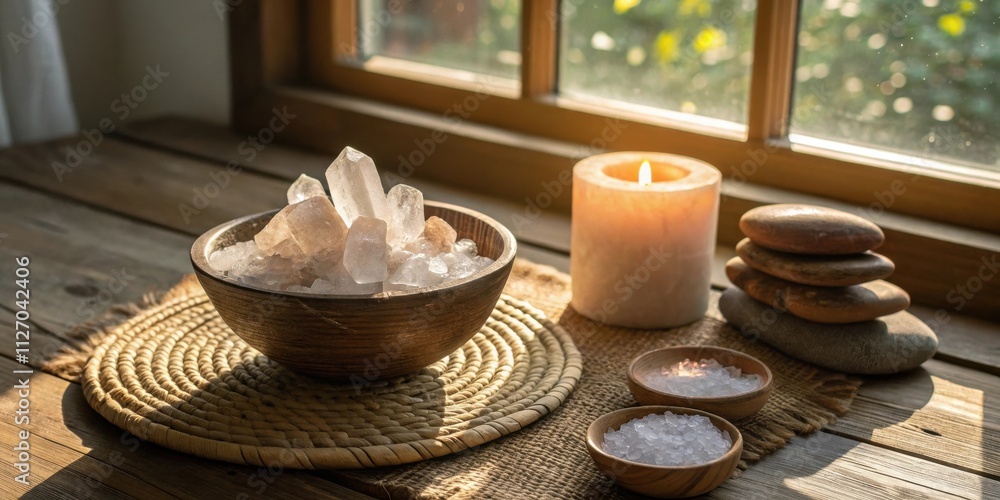 Poster a wooden bowl filled with quartz crystals rests on a woven mat, accompanied by a burning candle and 