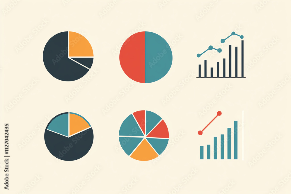 Poster colorful pie charts and bar graphs representing data analysis and trends. these visual tools are ess