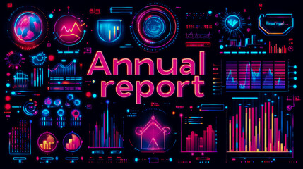 Brightly colored graphics displaying various charts and data visualizations representing an annual report in a sleek digital format