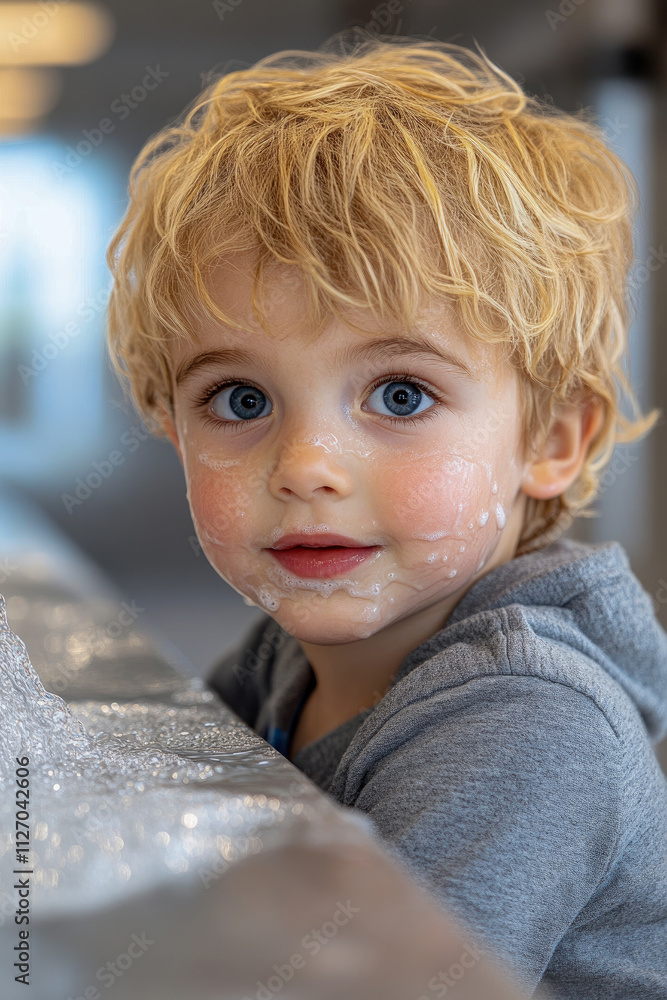 Poster joyful toddler with blond curls sits at a table, his face dotted with soap bubbles while he engages 