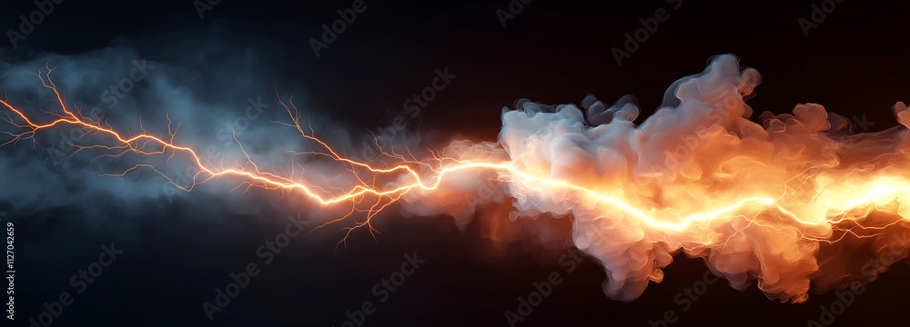 Poster dramatic display of lightning and fire smoke intertwining, creating striking visual effect. vibrant 