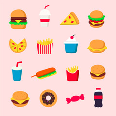 set of collection cute junk food vector like a burger, pizza, and hotdog