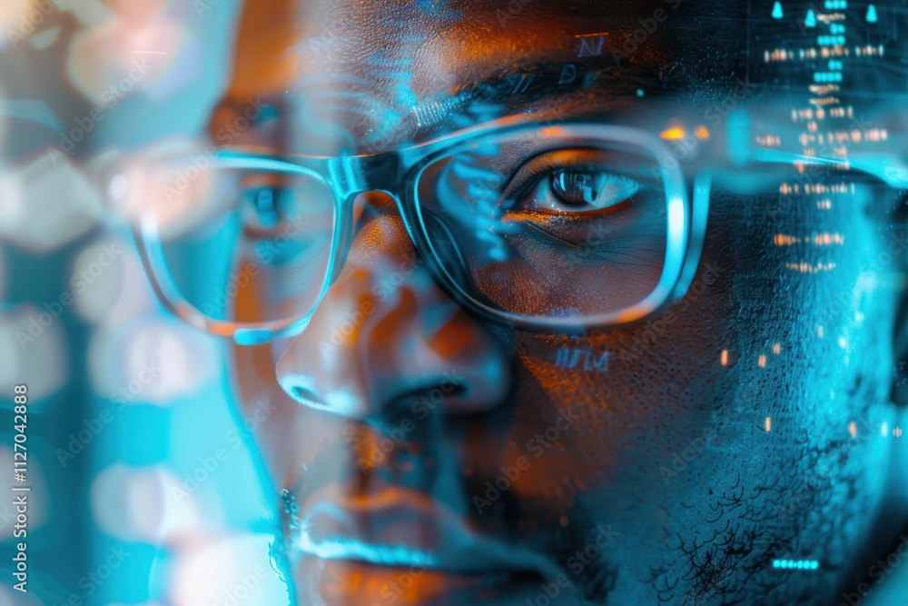 Poster futuristic hologram featuring a man engaged in programming and cybersecurity, focused on communicati