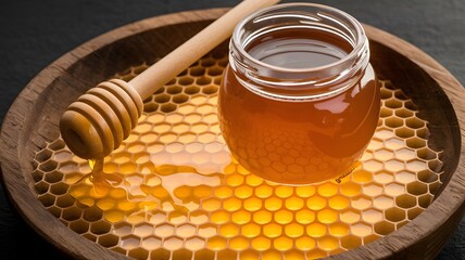 Honey jar with glowing honeycomb and honey dipper dripping streams