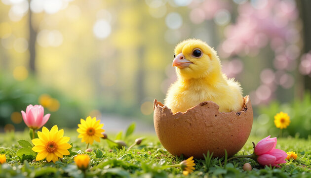 Cute yellow chick hatching from an egg in a vibrant spring garden