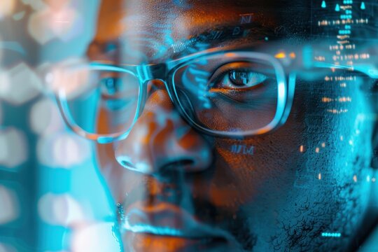 Futuristic hologram featuring a man engaged in programming and cybersecurity, focused on communication planning and data analysis