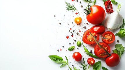 Fototapeta premium Fresh tomatoes with herbs and spices on white background.