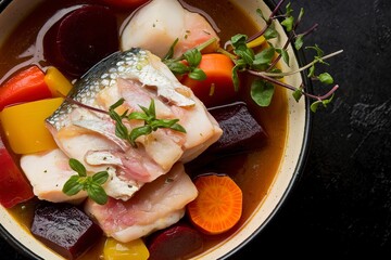 medley of tender and juicy fish chunks, in a rich and flavorful broth