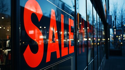 Black Friday sale sign, large red "SALE" text on storefront window, black background, strong contrast, evening lighting, reflection on glass, clean and modern