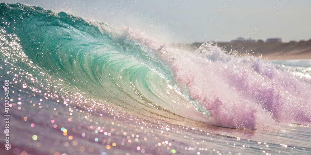 Poster a wave of turquoise and pink with a glittery sparkle at the base. the wave is crashing and foaming, 