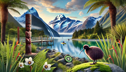 New Zealand Landscape with Maori Totem  
