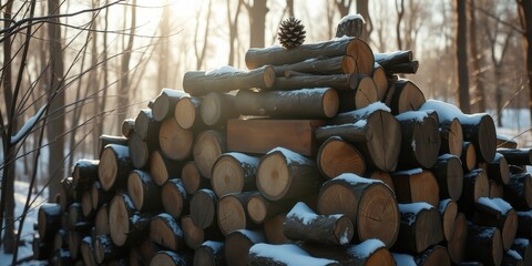 Obraz premium Winter woodland scene with a neatly stacked pile of snow-covered logs and a pine cone on top
