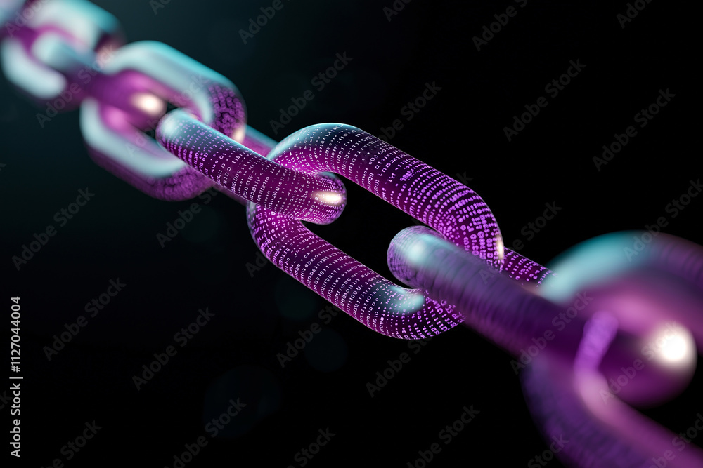 Poster vibrant purple chain with binary code elements, symbolizing digital connectivity and technology. des