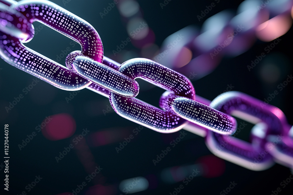 Poster vibrant purple chain with binary code links, symbolizing technology and connectivity. intricate desi
