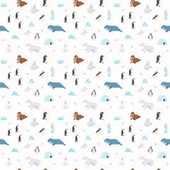 Polar animals seamless pattern. Cute Cartoon arctic animals background. Vector Illustration.