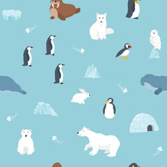 Polar animals seamless pattern. Cute Cartoon arctic animals background. Vector Illustration.