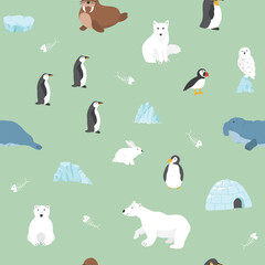 Polar animals seamless pattern. Cute Cartoon arctic animals background. Vector Illustration.